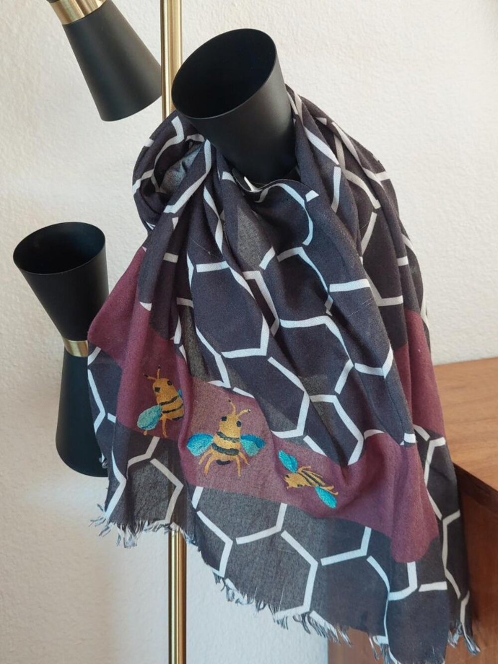 Handmade scarf with white hexagonal pattern and embroidered bees painted handmad